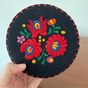 Hungarian Embroidered Black Floral Wool Round Box with Lid